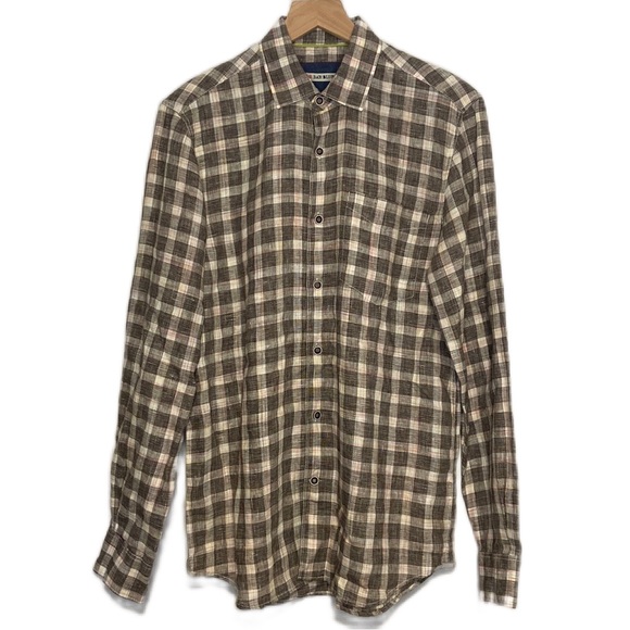 32 Bar Blues 100% Linen Plaid Small Long Sleeve Button Down Shirt Brown Light - Picture 1 of 7